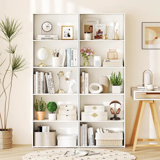Alt view image 4 of 6 - 5-Tier Tall Bookshelf, 67.5 Bookcase with 5 Open Shelves, Wooden Book Shelf, Freestanding Storage Organizer Display Shelf for Living Room, Study, Home Office, Bedroom (2,White)