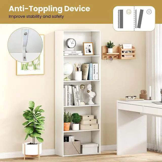 Alt view image 6 of 6 - 5-Tier Tall Bookshelf, 67.5 Bookcase with 5 Open Shelves, Wooden Book Shelf, Freestanding Storage Organizer Display Shelf for Living Room, Study, Home Office, Bedroom (2,White)