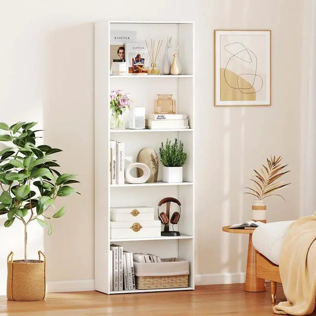 Alt view image 2 of 6 - 5-Tier Tall Bookshelf, 67.5 Bookcase with 5 Open Shelves, Wooden Book Shelf, Freestanding Storage Organizer Display Shelf for Living Room, Study, Home Office, Bedroom (1,White)