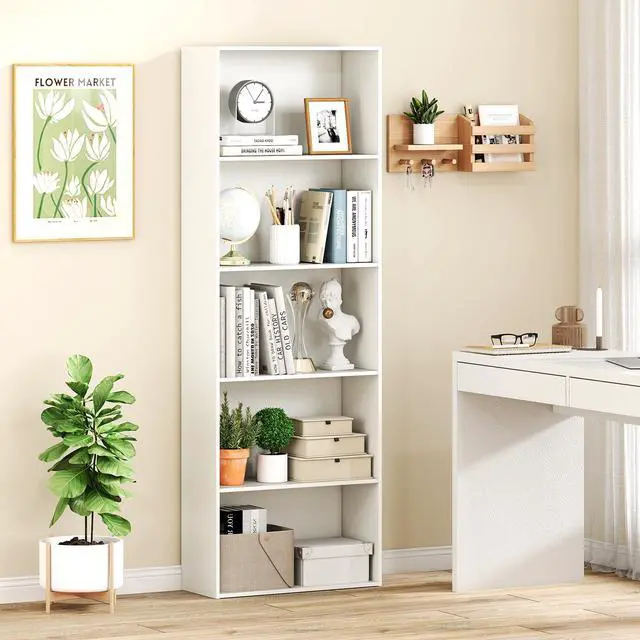 Alt view image 4 of 6 - 5-Tier Tall Bookshelf, 67.5 Bookcase with 5 Open Shelves, Wooden Book Shelf, Freestanding Storage Organizer Display Shelf for Living Room, Study, Home Office, Bedroom (1,White)