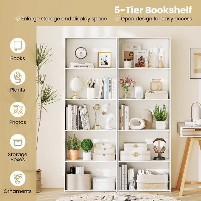 Alt view image 5 of 6 - 5-Tier Tall Bookshelf, 67.5 Bookcase with 5 Open Shelves, Wooden Book Shelf, Freestanding Storage Organizer Display Shelf for Living Room, Study, Home Office, Bedroom (1,White)