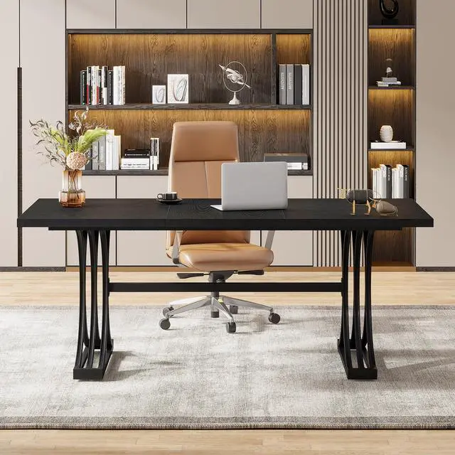 Alt view image 3 of 6 - 63" Large Office Desk, Modern Executive Desks with Stylish Legs, Wood Computer Desk, Business Furniture Work Desk for Home Office (Black)