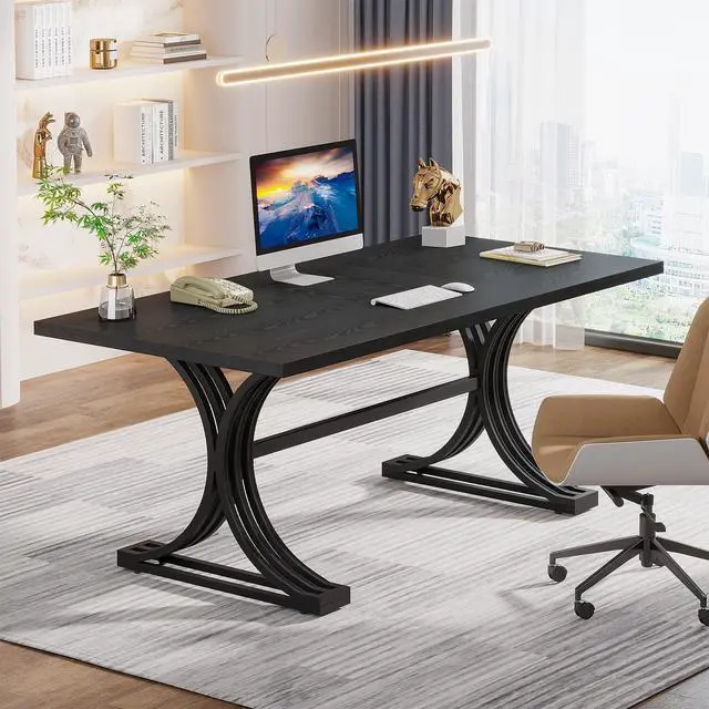 Alt view image 4 of 6 - 63" Large Office Desk, Modern Executive Desks with Stylish Legs, Wood Computer Desk, Business Furniture Work Desk for Home Office (Black)