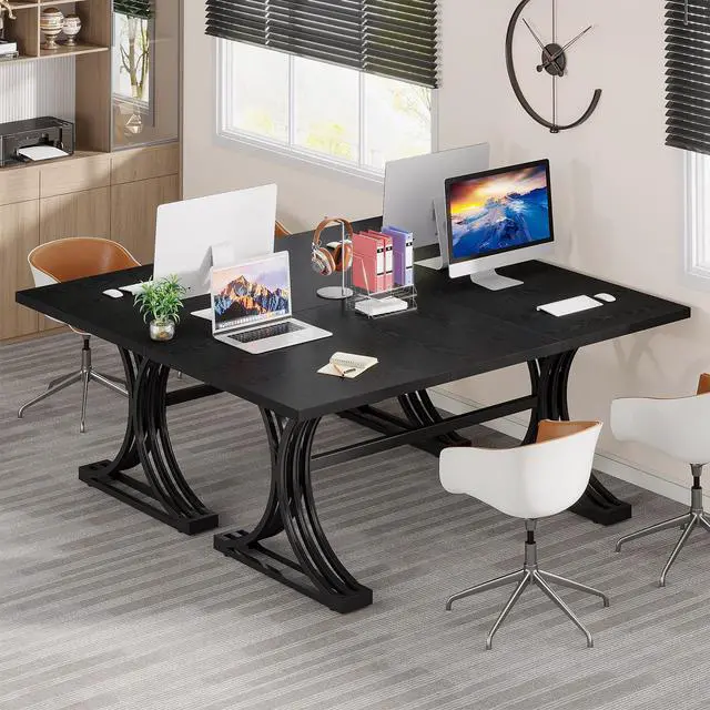 Alt view image 5 of 6 - 63" Large Office Desk, Modern Executive Desks with Stylish Legs, Wood Computer Desk, Business Furniture Work Desk for Home Office (Black)