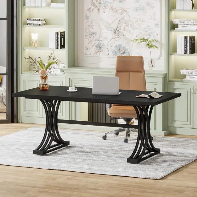 Alt view image 6 of 6 - 63" Large Office Desk, Modern Executive Desks with Stylish Legs, Wood Computer Desk, Business Furniture Work Desk for Home Office (Black)