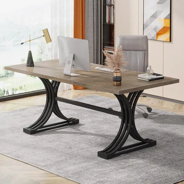 Main image of 63" Large Office Desk, Modern Executive Desks with Stylish Legs, Wood Computer Desk, Business Furniture Work Desk for Home Office (Grey and Black)