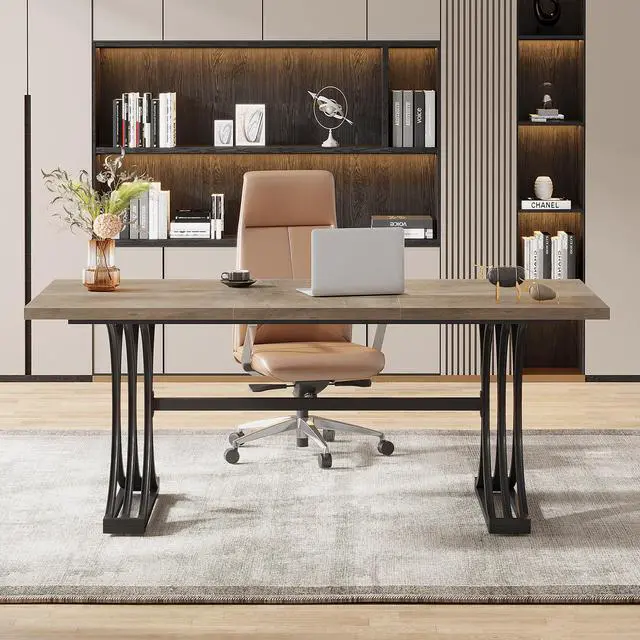 Alt view image 3 of 6 - 63" Large Office Desk, Modern Executive Desks with Stylish Legs, Wood Computer Desk, Business Furniture Work Desk for Home Office (Grey and Black)