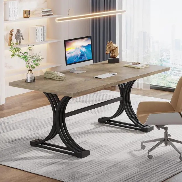 Alt view image 4 of 6 - 63" Large Office Desk, Modern Executive Desks with Stylish Legs, Wood Computer Desk, Business Furniture Work Desk for Home Office (Grey and Black)