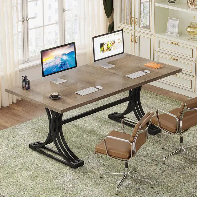 Alt view image 5 of 6 - 63" Large Office Desk, Modern Executive Desks with Stylish Legs, Wood Computer Desk, Business Furniture Work Desk for Home Office (Grey and Black)