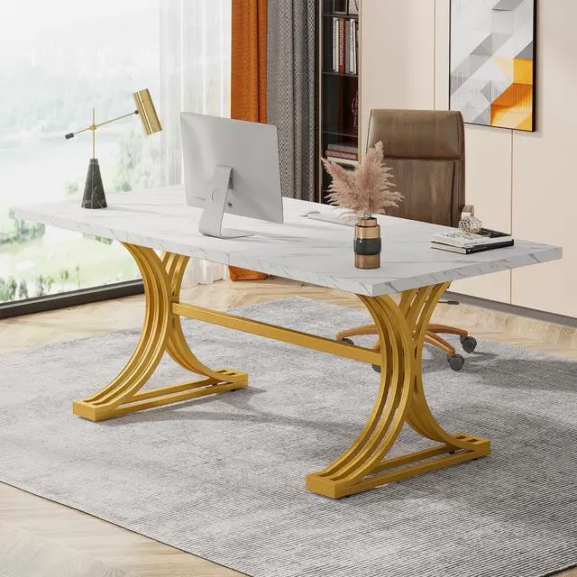 Main image of 63-Inch Large Office Desk, Modern Rectangular Executive Desk with Stylish Gold Legs, Wood Faux Marble Table, Business Furniture for Home Office, White and Gold