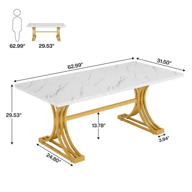 Alt view image 2 of 6 - 63-Inch Large Office Desk, Modern Rectangular Executive Desk with Stylish Gold Legs, Wood Faux Marble Table, Business Furniture for Home Office, White and Gold
