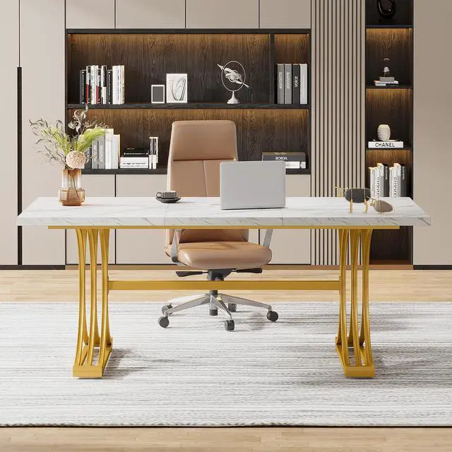Alt view image 3 of 6 - 63-Inch Large Office Desk, Modern Rectangular Executive Desk with Stylish Gold Legs, Wood Faux Marble Table, Business Furniture for Home Office, White and Gold