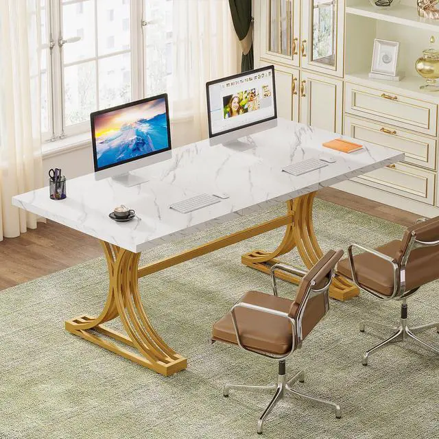 Alt view image 4 of 6 - 63-Inch Large Office Desk, Modern Rectangular Executive Desk with Stylish Gold Legs, Wood Faux Marble Table, Business Furniture for Home Office, White and Gold