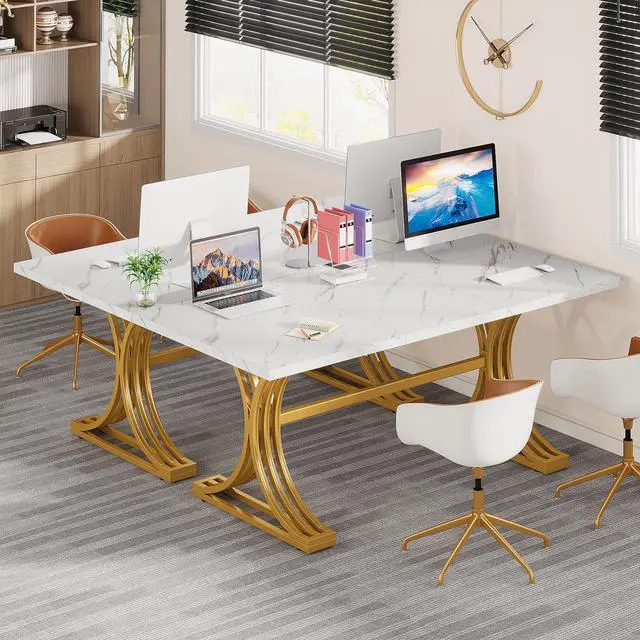Alt view image 5 of 6 - 63-Inch Large Office Desk, Modern Rectangular Executive Desk with Stylish Gold Legs, Wood Faux Marble Table, Business Furniture for Home Office, White and Gold