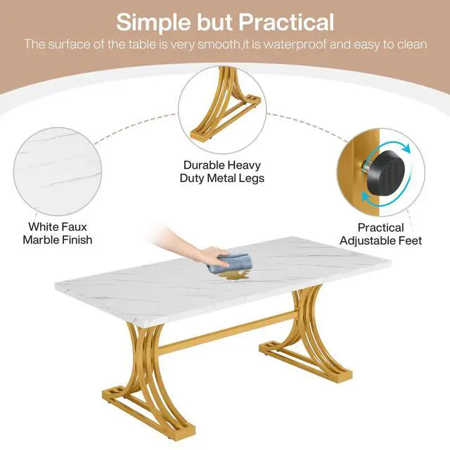 Alt view image 6 of 6 - 63-Inch Large Office Desk, Modern Rectangular Executive Desk with Stylish Gold Legs, Wood Faux Marble Table, Business Furniture for Home Office, White and Gold