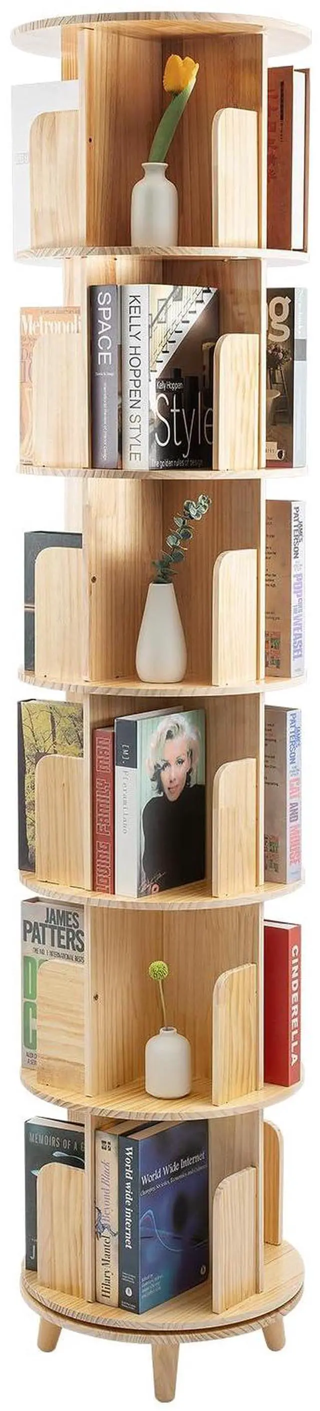 Main image of 6 Tier Wood Rotating Bookshelf 360 Degree Display Floor Standing Bookcase Storage Rack for Adults Multi-Functional Book Shelves Organizer for Study Room Living Room Home