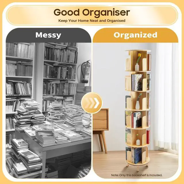 Alt view image 3 of 6 - 6 Tier Wood Rotating Bookshelf 360 Degree Display Floor Standing Bookcase Storage Rack for Adults Multi-Functional Book Shelves Organizer for Study Room Living Room Home