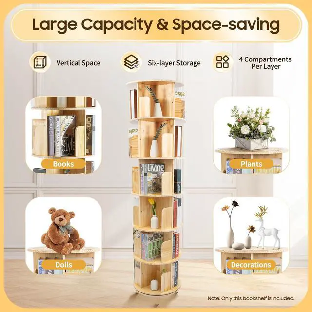 Alt view image 4 of 6 - 6 Tier Wood Rotating Bookshelf 360 Degree Display Floor Standing Bookcase Storage Rack for Adults Multi-Functional Book Shelves Organizer for Study Room Living Room Home