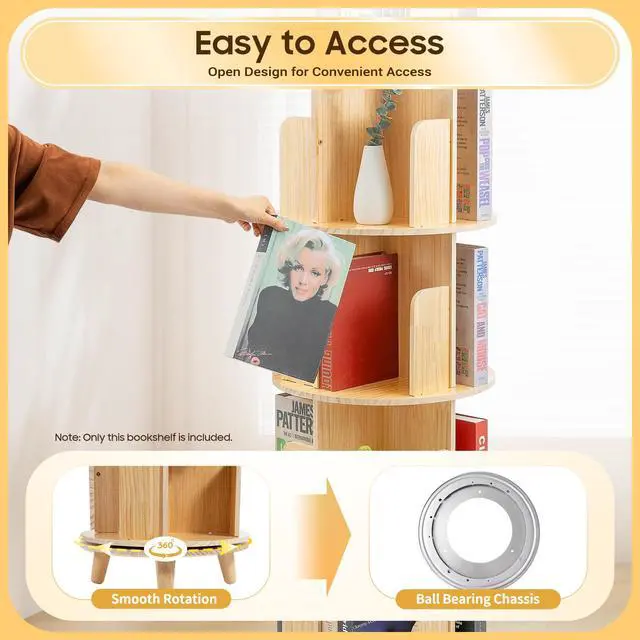 Alt view image 5 of 6 - 6 Tier Wood Rotating Bookshelf 360 Degree Display Floor Standing Bookcase Storage Rack for Adults Multi-Functional Book Shelves Organizer for Study Room Living Room Home