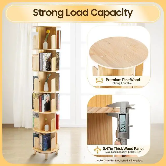 Alt view image 6 of 6 - 6 Tier Wood Rotating Bookshelf 360 Degree Display Floor Standing Bookcase Storage Rack for Adults Multi-Functional Book Shelves Organizer for Study Room Living Room Home