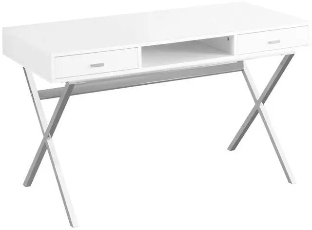 Main image of Laptop Table with Drawers and Open Shelf Computer, Writing Desk, Metal Sturdy Legs, 48" L, Glossy White