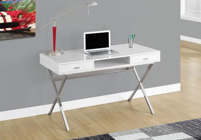 Alt view image 2 of 5 - Laptop Table with Drawers and Open Shelf Computer, Writing Desk, Metal Sturdy Legs, 48" L, Glossy White