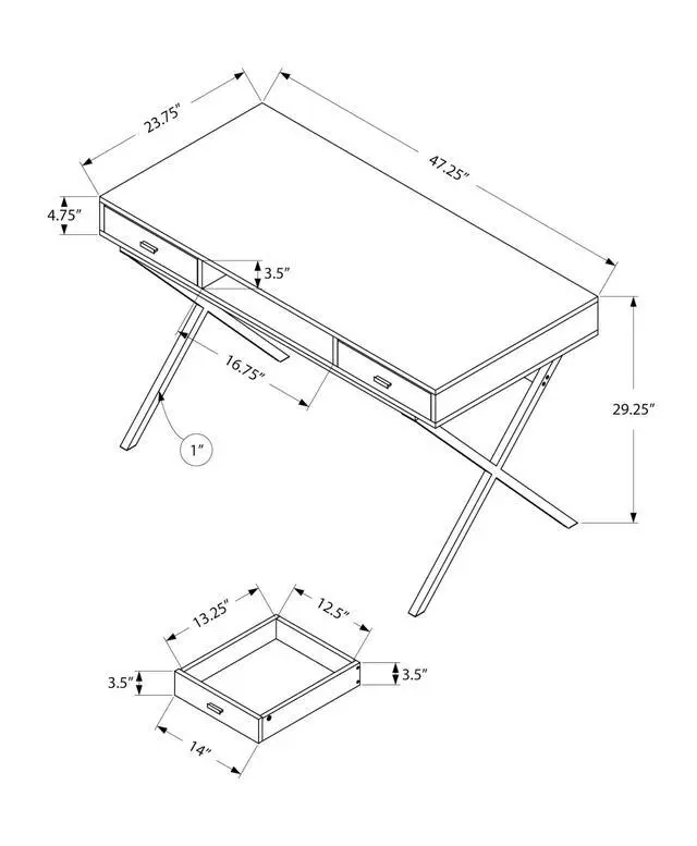 Alt view image 3 of 5 - Laptop Table with Drawers and Open Shelf Computer, Writing Desk, Metal Sturdy Legs, 48" L, Glossy White