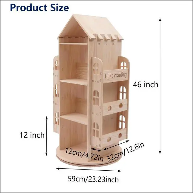 Alt view image 2 of 6 - Large Rotating Bookshelf 360 Degree, Wood Castle Bookshelf Bookcase Floor Standing Storage Book Shelf Display Children's Bookcase for Playroom Kidsroom
