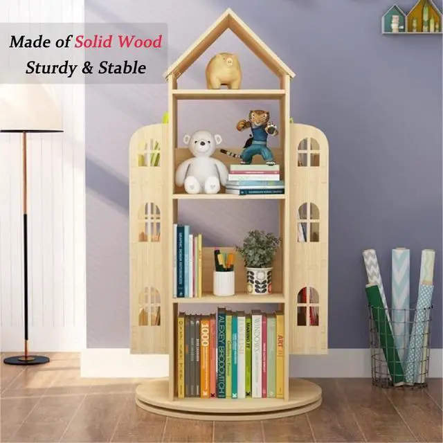 Alt view image 3 of 6 - Large Rotating Bookshelf 360 Degree, Wood Castle Bookshelf Bookcase Floor Standing Storage Book Shelf Display Children's Bookcase for Playroom Kidsroom