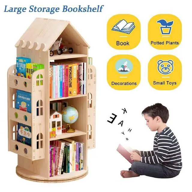 Alt view image 4 of 6 - Large Rotating Bookshelf 360 Degree, Wood Castle Bookshelf Bookcase Floor Standing Storage Book Shelf Display Children's Bookcase for Playroom Kidsroom