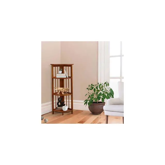 Alt view image 2 of 6 - Natural Beauty 4-Shelf Corner Folding Bookcase, Office, Living Room, Bedroom, Library, Study Room, 38.75" D x 12.5" W x 12.5" H, Sturdy Shelved Bookcase, Corner Bookcase Honey Oak