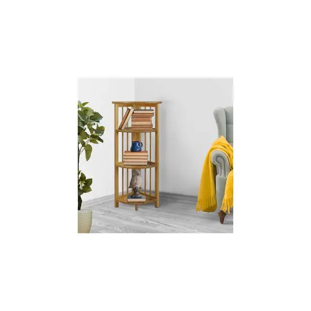 Alt view image 2 of 6 - Natural Beauty 4-Shelf Corner Folding Bookcase, Office, Living Room, Bedroom, Library, Study Room, 38.75" D x 12.5" W x 12.5" H, Sturdy Shelved Bookcase, Corner Bookcase Natural