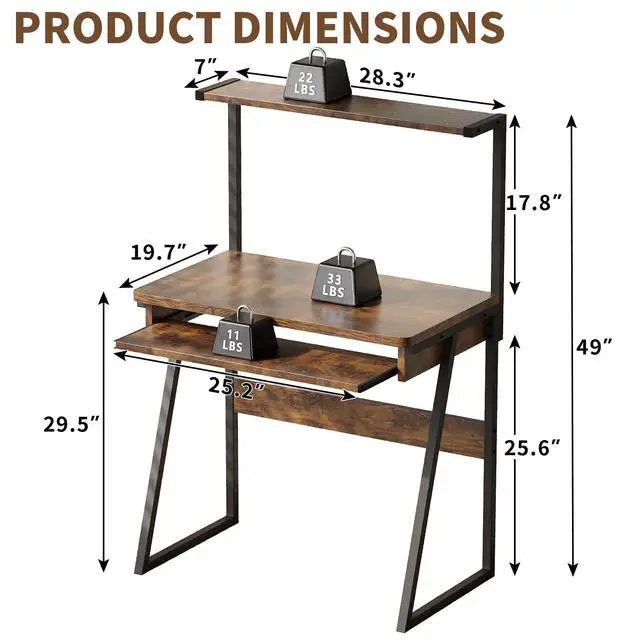 Alt view image 2 of 6 - 2 Tiers Small Computer Desk for Small Space, Compact Laptop Table Workstation with Keyboard Tray. Study PC Table for Home Office, Rustic Brown