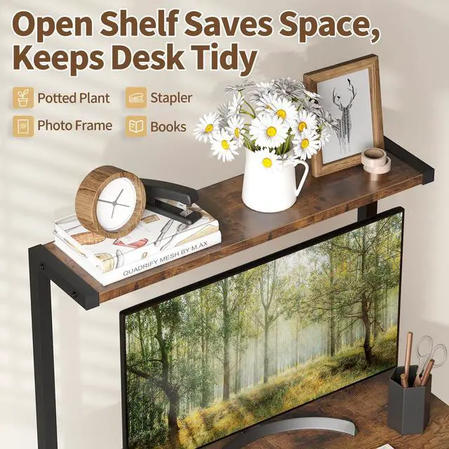 Alt view image 4 of 6 - 2 Tiers Small Computer Desk for Small Space, Compact Laptop Table Workstation with Keyboard Tray. Study PC Table for Home Office, Rustic Brown