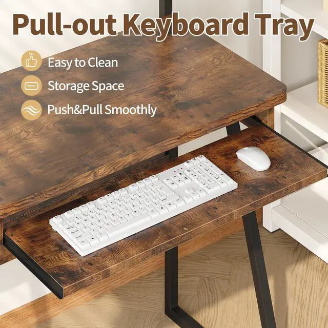 Alt view image 5 of 6 - 2 Tiers Small Computer Desk for Small Space, Compact Laptop Table Workstation with Keyboard Tray. Study PC Table for Home Office, Rustic Brown