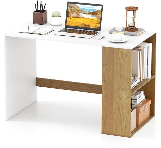 Main image of Small Desk with Bookshelf, 44 Inch Modern Computer Desk for Small Spaces, Laptop PC Desk, Vanity Table for Bedroom, Study Writing Desk for Home Office (White+Natural)