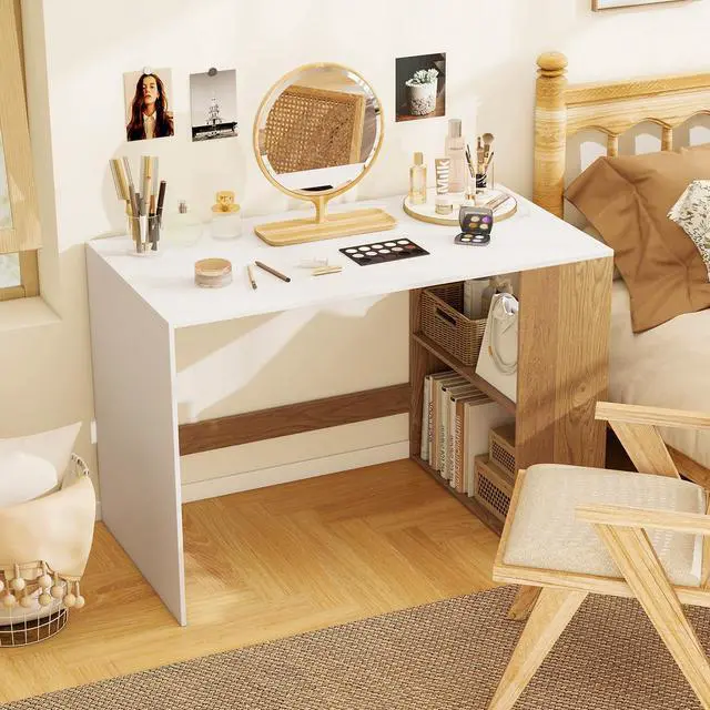 Alt view image 2 of 6 - Small Desk with Bookshelf, 44 Inch Modern Computer Desk for Small Spaces, Laptop PC Desk, Vanity Table for Bedroom, Study Writing Desk for Home Office (White+Natural)