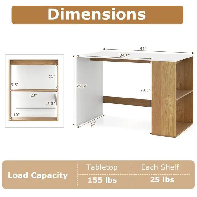 Alt view image 3 of 6 - Small Desk with Bookshelf, 44 Inch Modern Computer Desk for Small Spaces, Laptop PC Desk, Vanity Table for Bedroom, Study Writing Desk for Home Office (White+Natural)