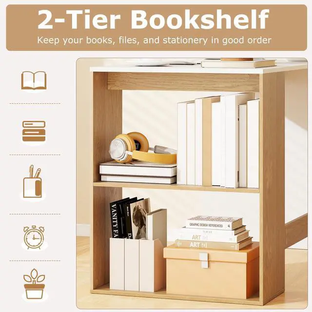 Alt view image 4 of 6 - Small Desk with Bookshelf, 44 Inch Modern Computer Desk for Small Spaces, Laptop PC Desk, Vanity Table for Bedroom, Study Writing Desk for Home Office (White+Natural)