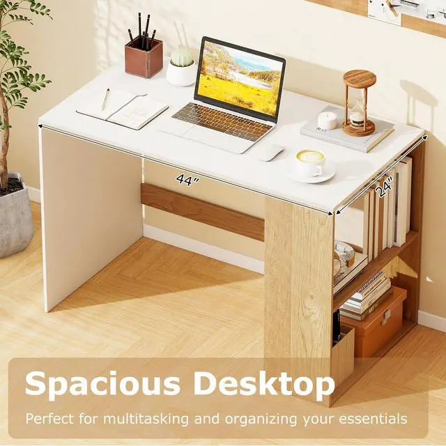 Alt view image 5 of 6 - Small Desk with Bookshelf, 44 Inch Modern Computer Desk for Small Spaces, Laptop PC Desk, Vanity Table for Bedroom, Study Writing Desk for Home Office (White+Natural)