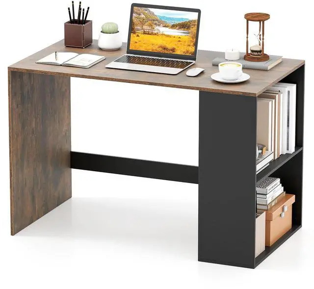Main image of Small Desk with Bookshelf, 44 Inch Modern Computer Desk for Small Spaces, Laptop PC Desk, Vanity Table for Bedroom, Study Writing Desk for Home Office (Black+Rustic Brown)