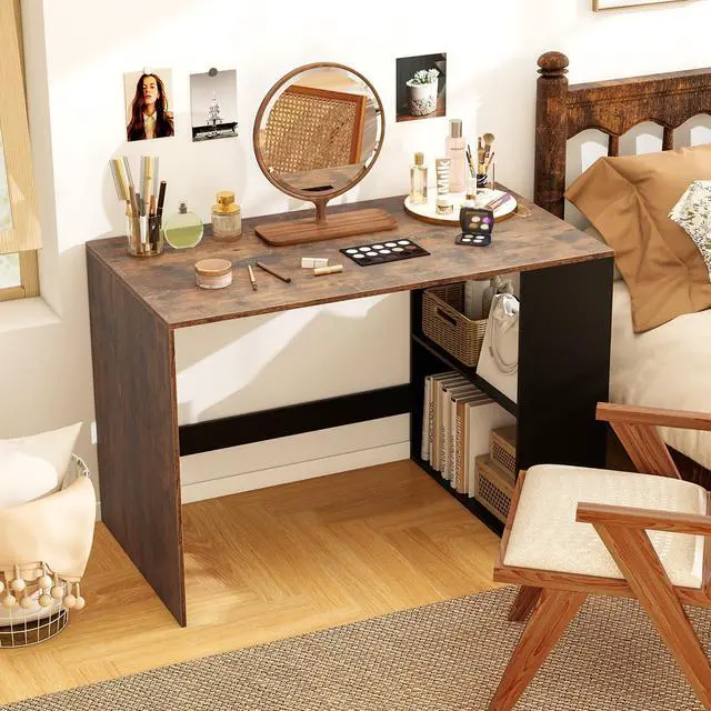 Alt view image 2 of 6 - Small Desk with Bookshelf, 44 Inch Modern Computer Desk for Small Spaces, Laptop PC Desk, Vanity Table for Bedroom, Study Writing Desk for Home Office (Black+Rustic Brown)