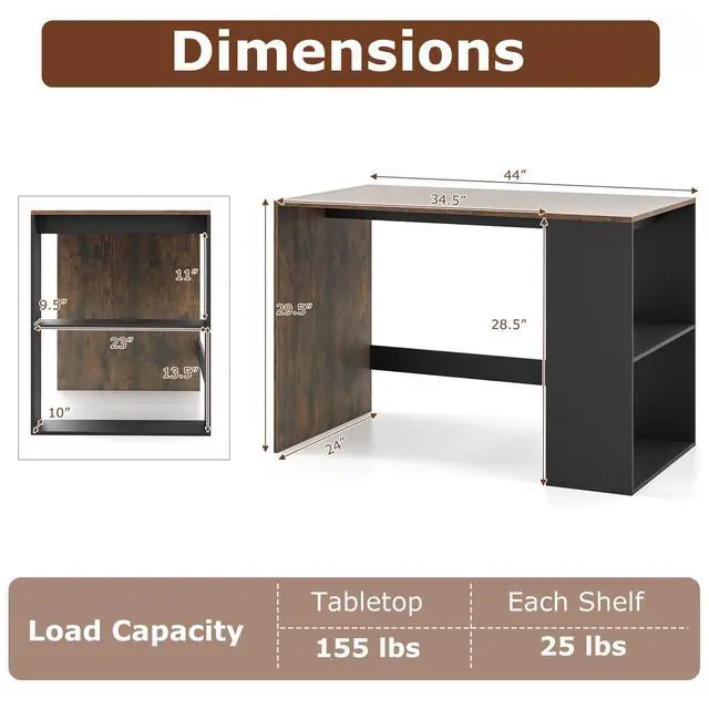 Alt view image 3 of 6 - Small Desk with Bookshelf, 44 Inch Modern Computer Desk for Small Spaces, Laptop PC Desk, Vanity Table for Bedroom, Study Writing Desk for Home Office (Black+Rustic Brown)