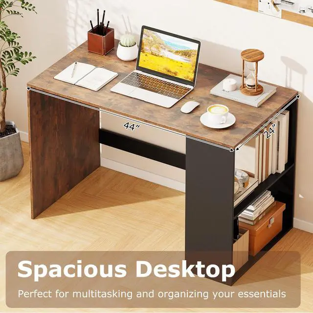 Alt view image 4 of 6 - Small Desk with Bookshelf, 44 Inch Modern Computer Desk for Small Spaces, Laptop PC Desk, Vanity Table for Bedroom, Study Writing Desk for Home Office (Black+Rustic Brown)