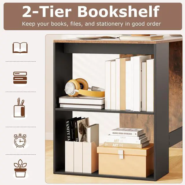 Alt view image 5 of 6 - Small Desk with Bookshelf, 44 Inch Modern Computer Desk for Small Spaces, Laptop PC Desk, Vanity Table for Bedroom, Study Writing Desk for Home Office (Black+Rustic Brown)