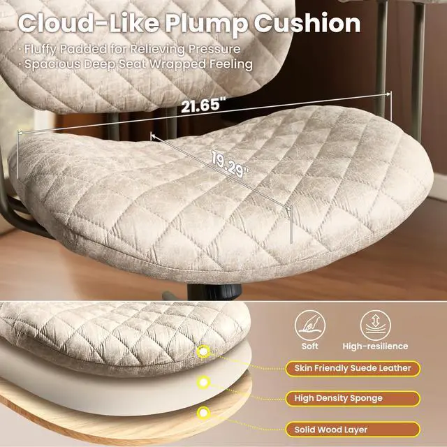 Alt view image 2 of 6 - Home Office Chair Ergonomic Mid-Century Modern Faux Suede Leather Chairs, Comfy Deep Seat Adjustable Height Rolling Swivel Executive Computer Task Armchair, Beige