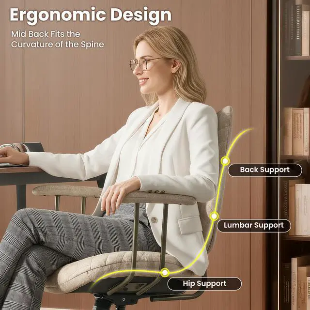 Alt view image 3 of 6 - Home Office Chair Ergonomic Mid-Century Modern Faux Suede Leather Chairs, Comfy Deep Seat Adjustable Height Rolling Swivel Executive Computer Task Armchair, Beige