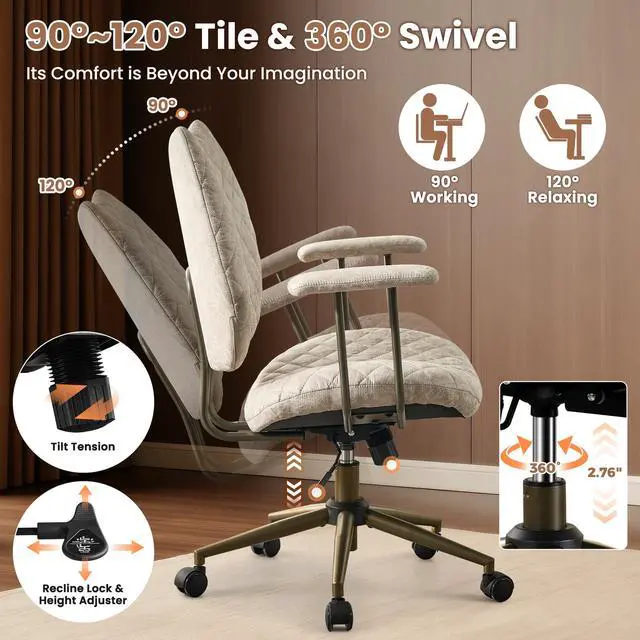 Alt view image 4 of 6 - Home Office Chair Ergonomic Mid-Century Modern Faux Suede Leather Chairs, Comfy Deep Seat Adjustable Height Rolling Swivel Executive Computer Task Armchair, Beige