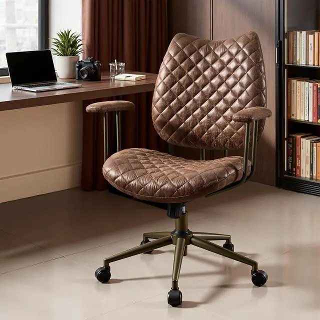 Main image of Home Office Chair Ergonomic Mid-Century Modern Faux Suede Leather Chairs, Comfy Deep Seat Adjustable Height Rolling Swivel Executive Computer Task Armchair, Dark Brown