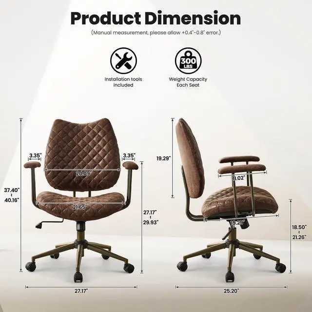 Alt view image 2 of 6 - Home Office Chair Ergonomic Mid-Century Modern Faux Suede Leather Chairs, Comfy Deep Seat Adjustable Height Rolling Swivel Executive Computer Task Armchair, Dark Brown